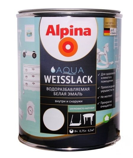 Alpina Aqua Weisslack / Альпина Аква Вайслак водорастворимая белая эмаль шелковисто матовая